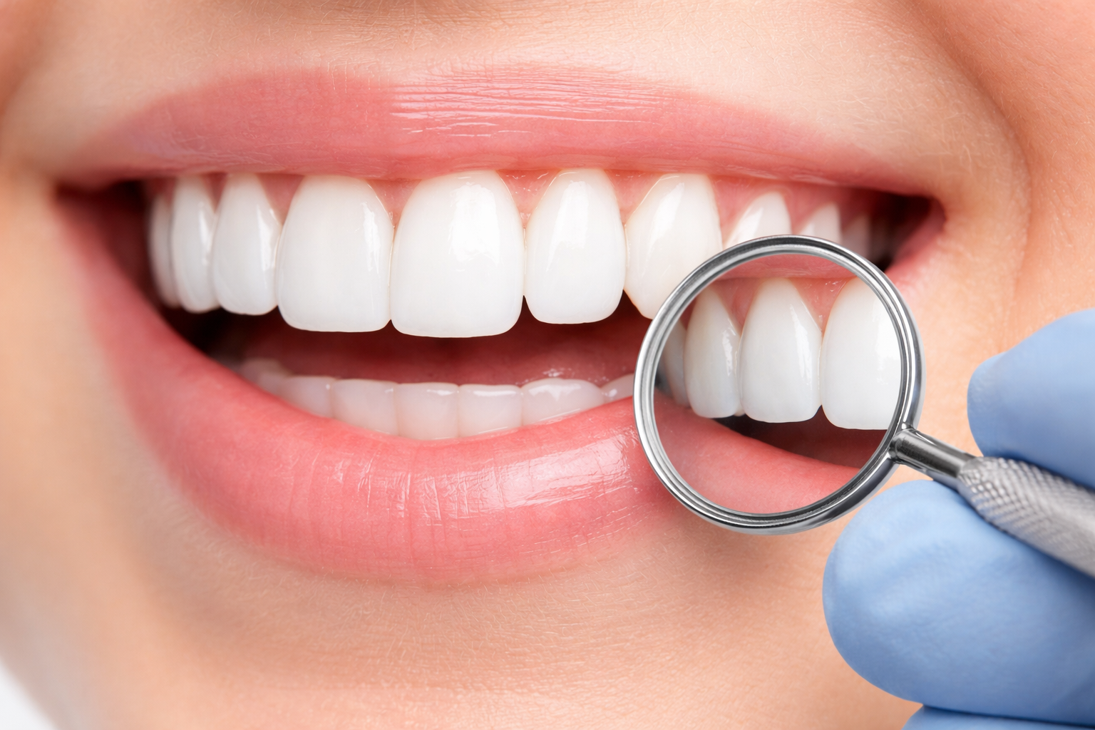 Dentista mostra il risultato di capsule estetiche dentali naturali su incisivi anteriori