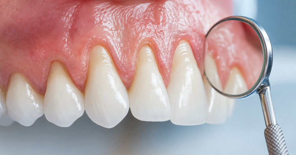 Recessione gengivale con radici dentali esposte durante una visita odontoiatrica